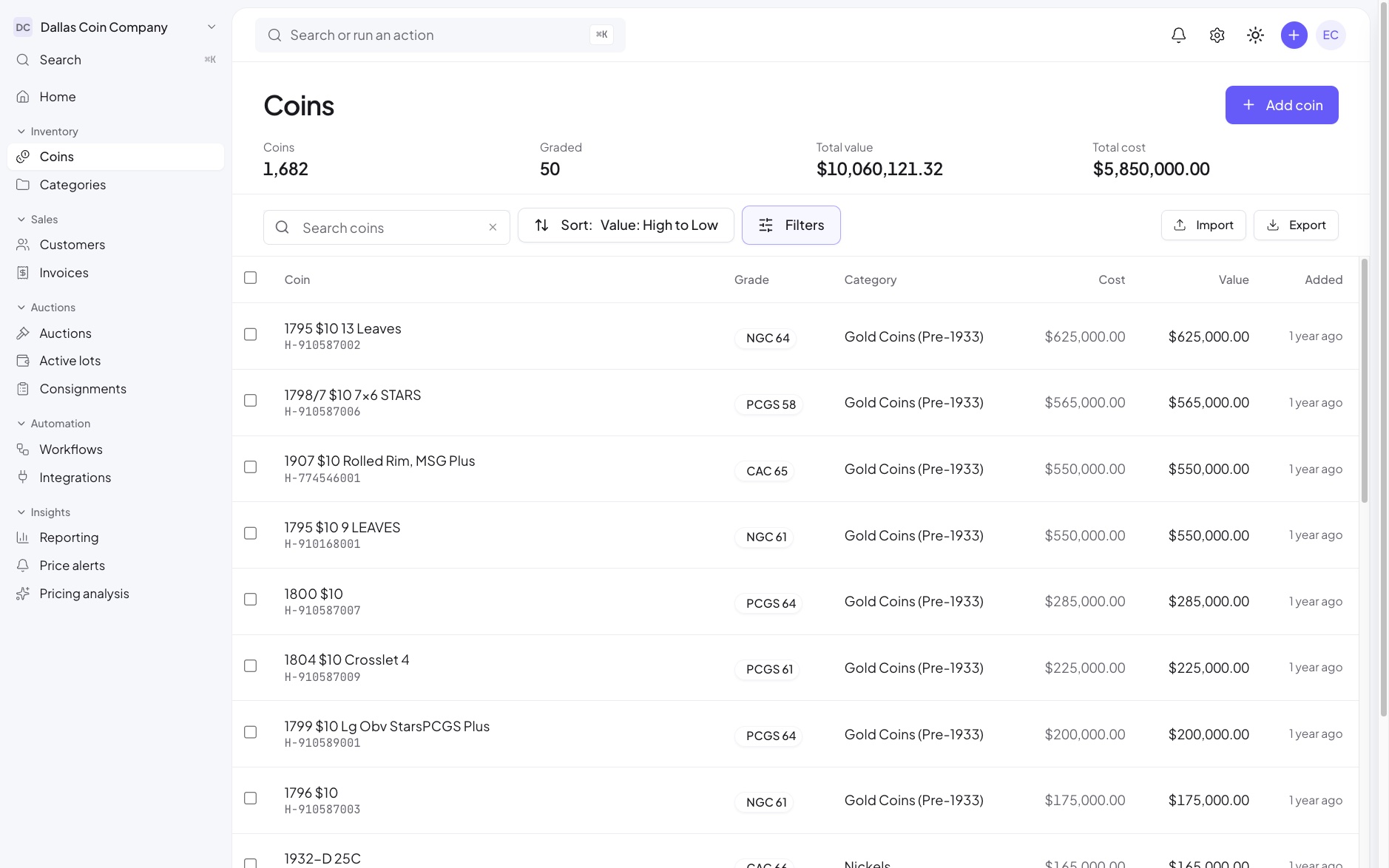 The CoinManagerPro coin inventory with grades, cost, and value