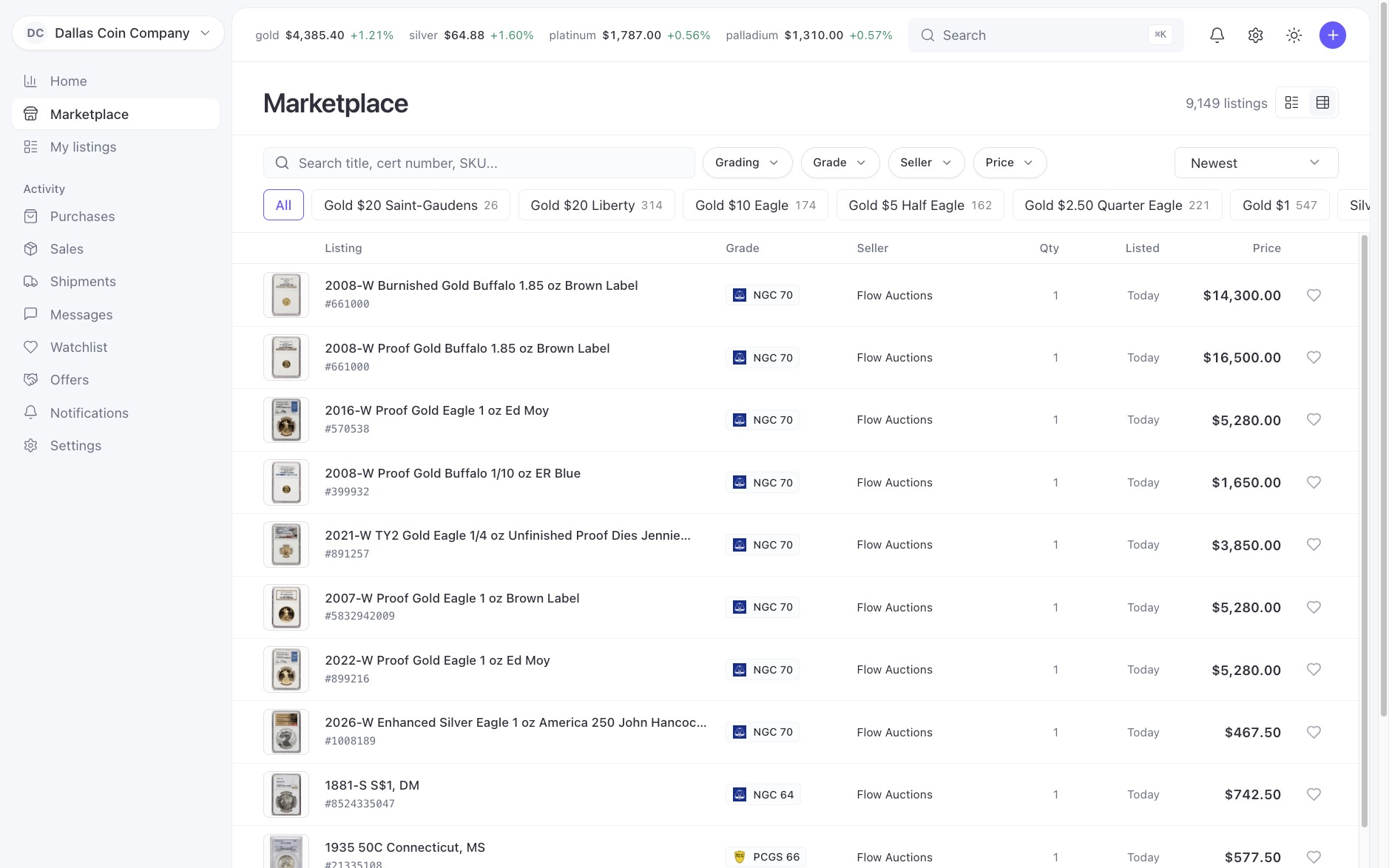 The Flow Dealers wholesale marketplace with graded coin listings